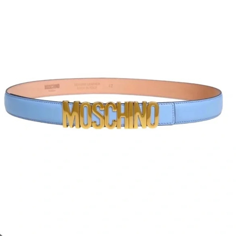 Moschino periwinkle blue gold logo belt